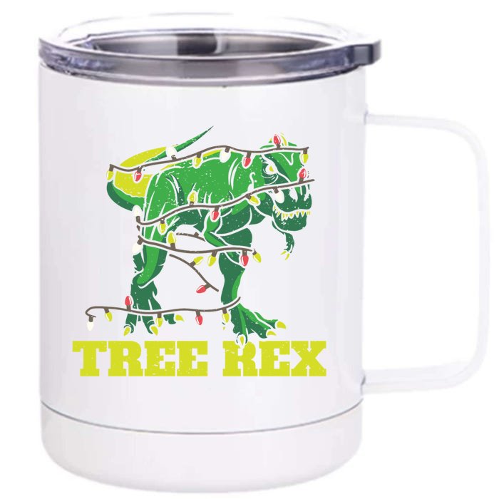 Tree Rex Trex Merry Christmas Xmas Tree Dinosaur Gift Front & Back 12oz Stainless Steel Tumbler Cup