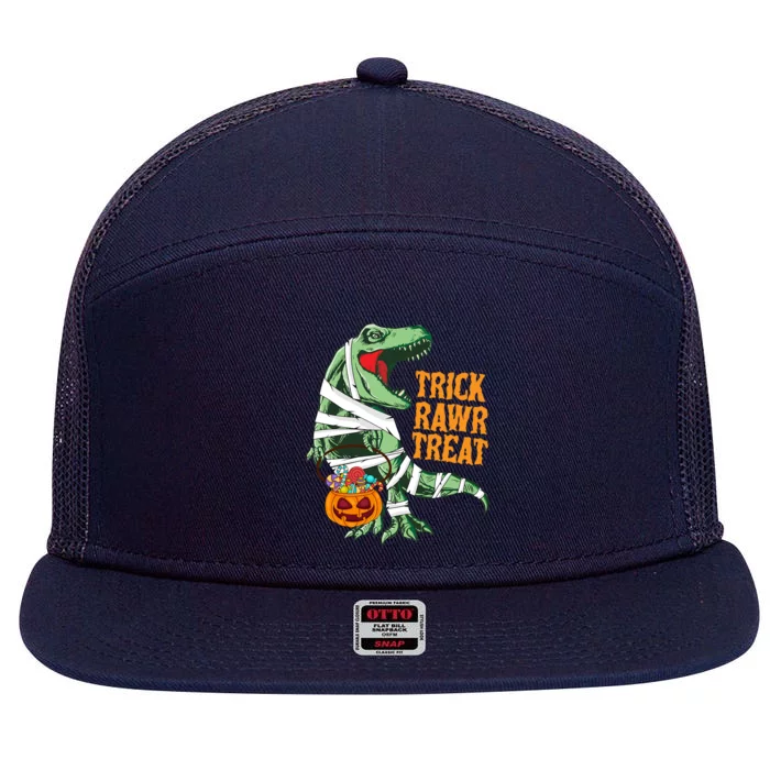 Trick Rawr Treat Halloween TRex Dinosaur Ghost Print Gift 7 Panel Mesh Trucker Snapback Hat