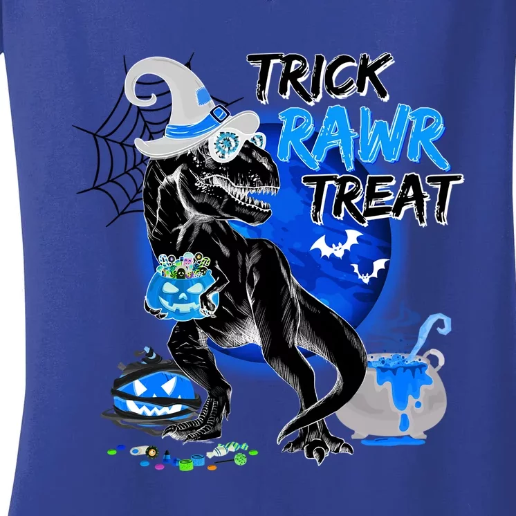 Trick Rawr Treat Scary Witch Dinosaur Pumpkin Cute Halloween Gift Women's V-Neck T-Shirt