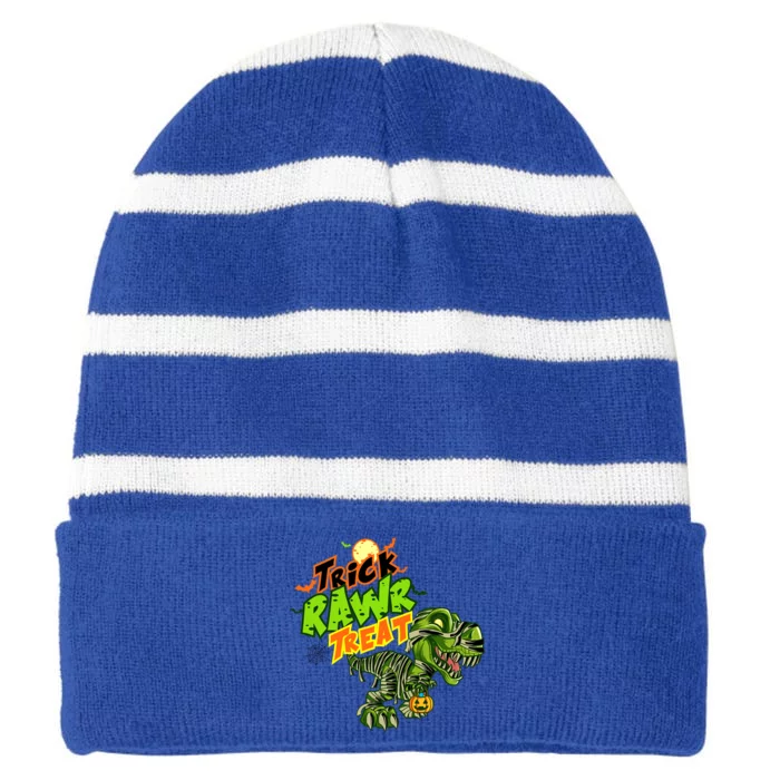 Trick Rawr Treat Dinosaur Pumpkin Halloween Gift Striped Beanie with Solid Band