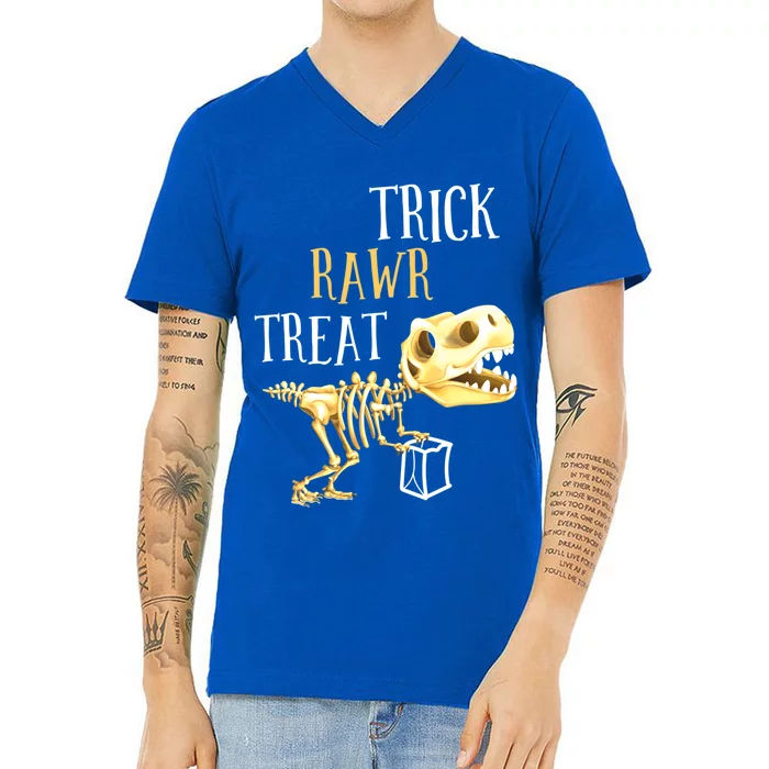 Trick Rawr Treat Dinosaur T Rex Skeleton Trick Or Treat Pun Great Gift V-Neck T-Shirt