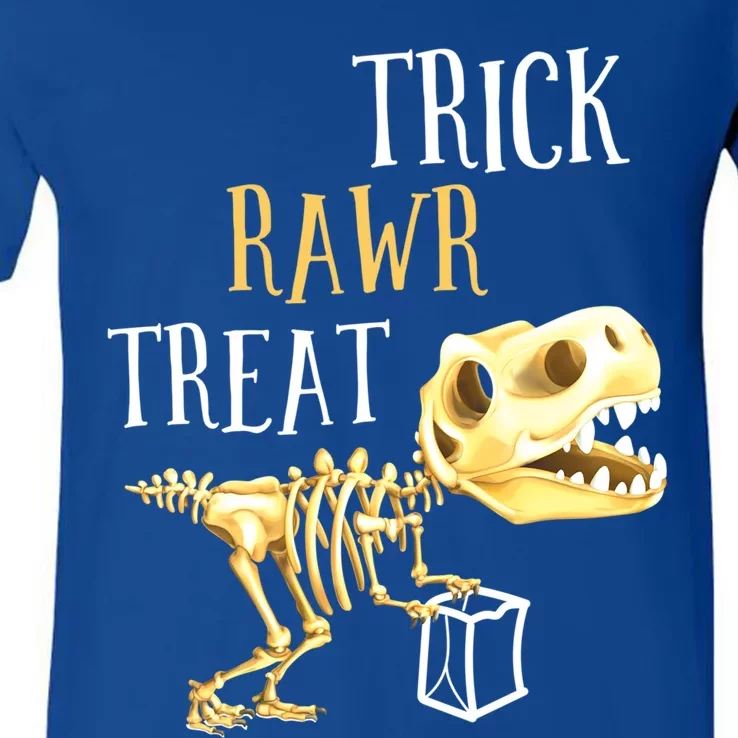 Trick Rawr Treat Dinosaur T Rex Skeleton Trick Or Treat Pun Great Gift V-Neck T-Shirt