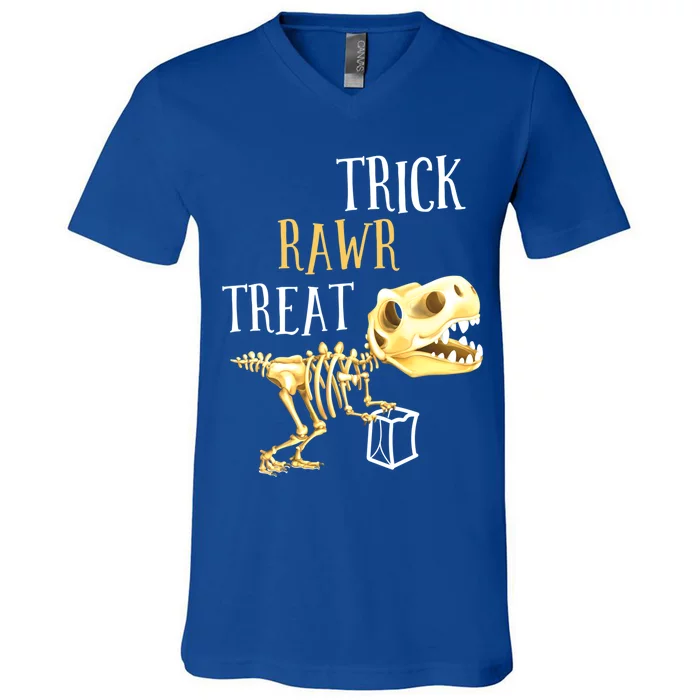 Trick Rawr Treat Dinosaur T Rex Skeleton Trick Or Treat Pun Great Gift V-Neck T-Shirt