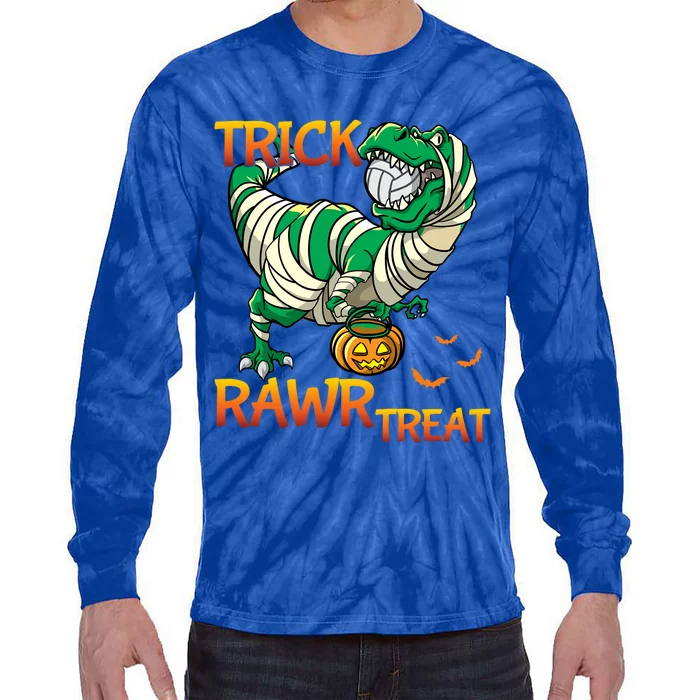 Trick Rawr Treat T Rex Dinosaur Halloween Volleyball Player Gift Tie-Dye Long Sleeve Shirt