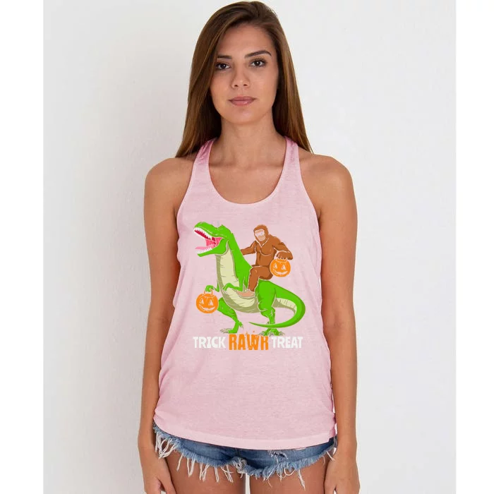 Trick Rawr Treat Bigfoot Riding A Trex Dino Halloween Gift Women's Knotted Racerback Tank