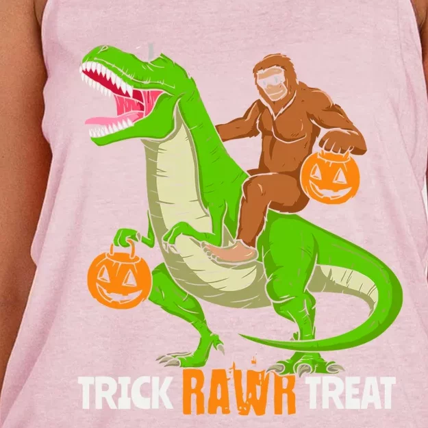 Trick Rawr Treat Bigfoot Riding A Trex Dino Halloween Gift Women's Knotted Racerback Tank