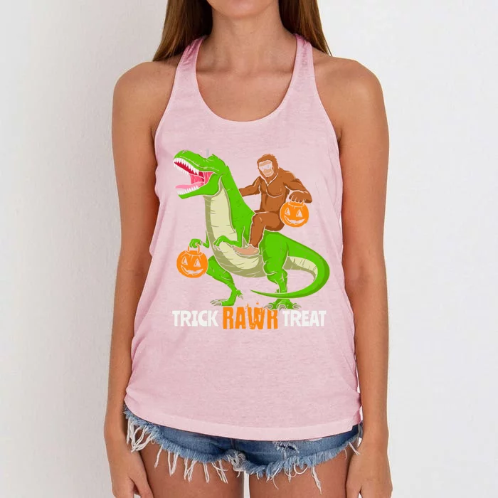 Trick Rawr Treat Bigfoot Riding A Trex Dino Halloween Gift Women's Knotted Racerback Tank