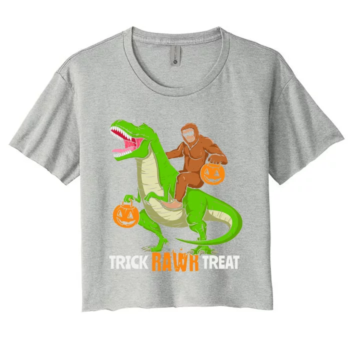 Trick Rawr Treat Bigfoot Riding A Trex Dino Halloween Gift Women's Crop Top Tee