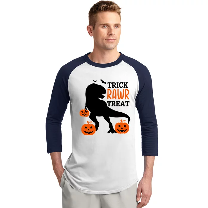 Trick Rawr Treat Dinosaur Bats Pumpkins Jack O Lanterns Funny Gift Baseball Sleeve Shirt