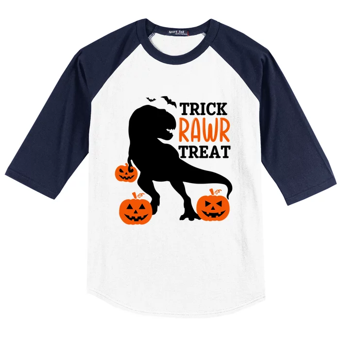 Trick Rawr Treat Dinosaur Bats Pumpkins Jack O Lanterns Funny Gift Baseball Sleeve Shirt