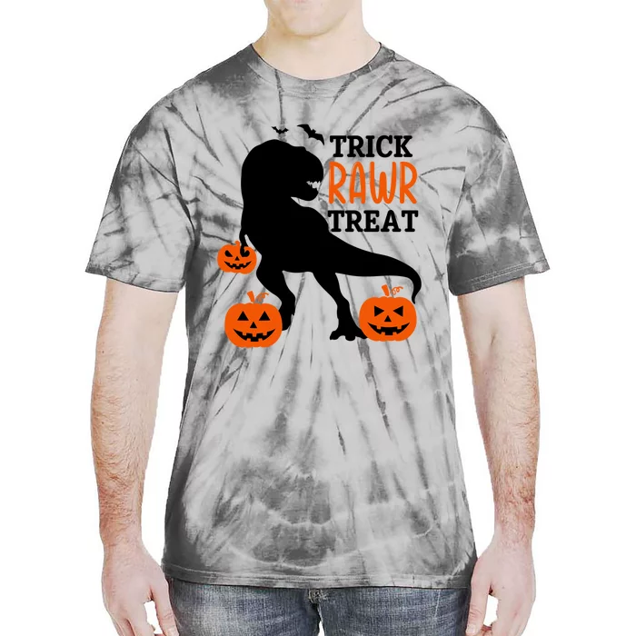 Trick Rawr Treat Dinosaur Bats Pumpkins Jack O Lanterns Funny Gift Tie-Dye T-Shirt