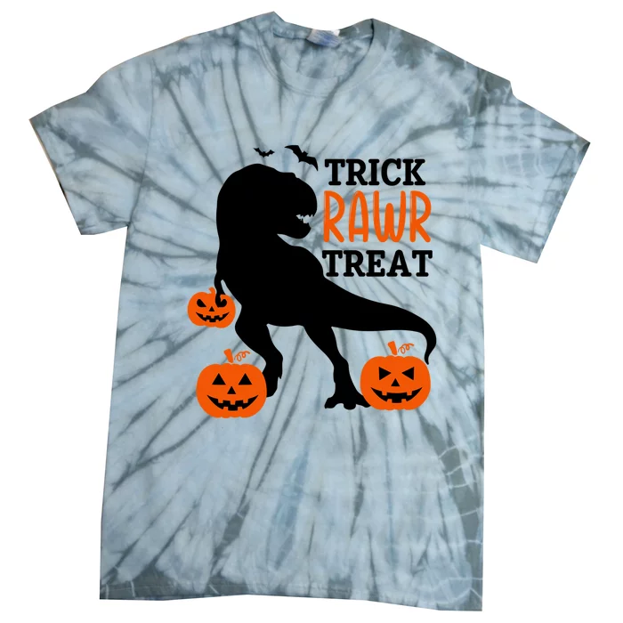 Trick Rawr Treat Dinosaur Bats Pumpkins Jack O Lanterns Funny Gift Tie-Dye T-Shirt