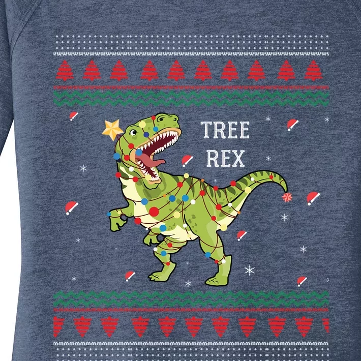 Tree Rex Trex Dinosaur Light Ugly Christmas Sweater Pajamas Funny Gift Women's Perfect Tri Tunic Long Sleeve Shirt