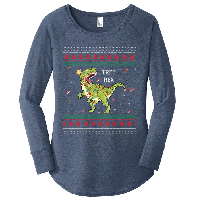 Tree Rex Trex Dinosaur Light Ugly Christmas Sweater Pajamas Funny Gift Women's Perfect Tri Tunic Long Sleeve Shirt