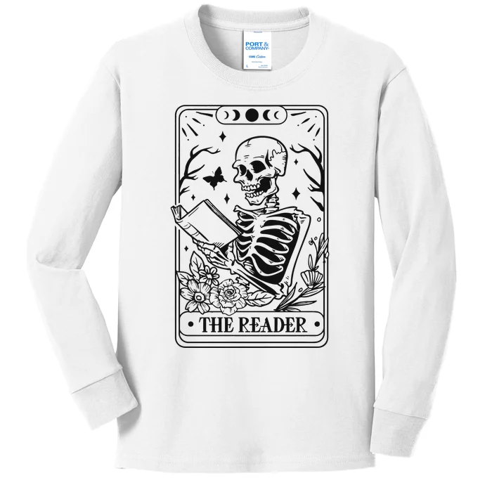 The Reader Tarot Card Skeleton Reading Kids Long Sleeve Shirt