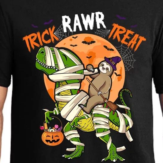 Trick Rawr Treat Halloween Sloth Riding TRexes As Mummies Cute Gift Pajama Set