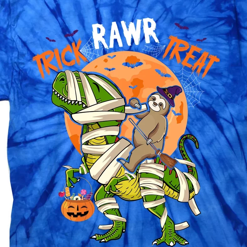 Trick Rawr Treat Halloween Sloth Riding TRexes As Mummies Cute Gift Tie-Dye T-Shirt