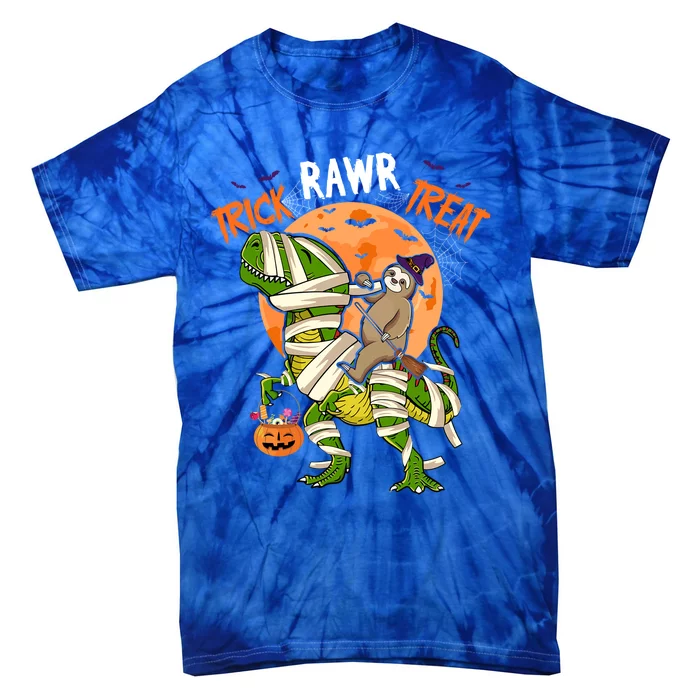 Trick Rawr Treat Halloween Sloth Riding TRexes As Mummies Cute Gift Tie-Dye T-Shirt