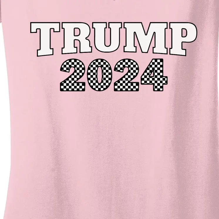 Trump Racing Theme 2024 Checker Women's V-Neck T-Shirt