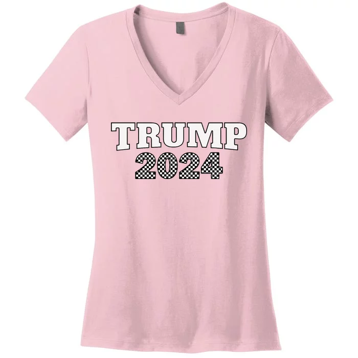 Trump Racing Theme 2024 Checker Women's V-Neck T-Shirt