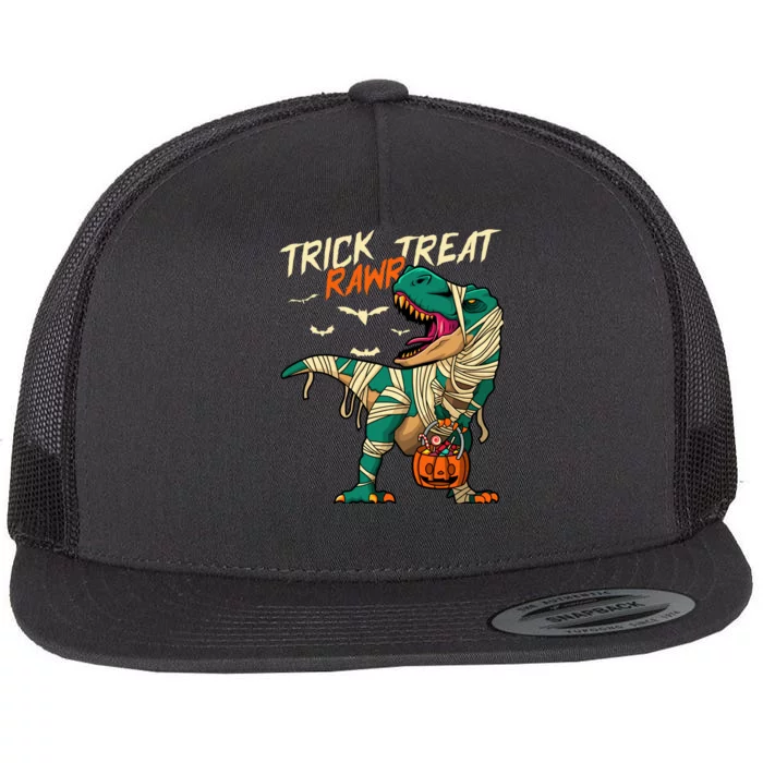 Trick Rawr Treat T Rex Dinosaur Mummy Boy Funny Halloween Flat Bill Trucker Hat