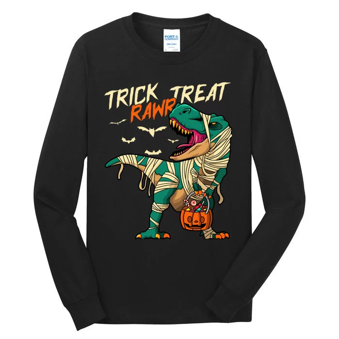 Trick Rawr Treat T Rex Dinosaur Mummy Boy Funny Halloween Tall Long Sleeve T-Shirt