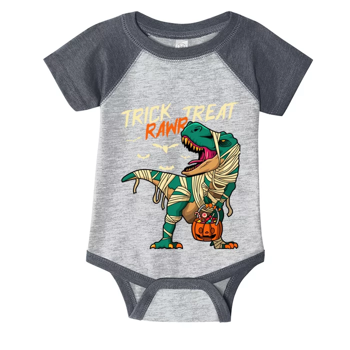 Trick Rawr Treat T Rex Dinosaur Mummy Boy Funny Halloween Infant Baby Jersey Bodysuit