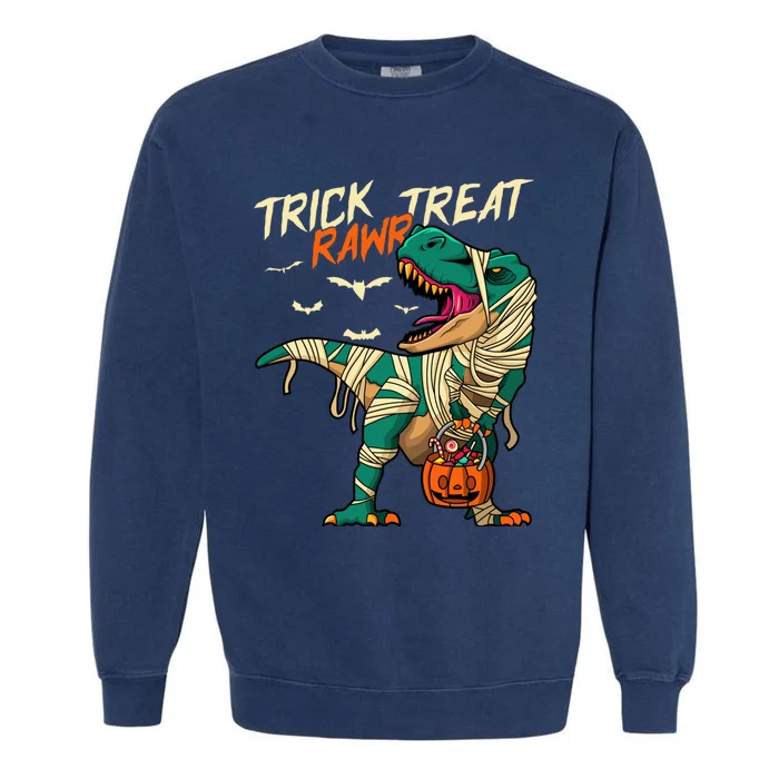 Trick Rawr Treat T Rex Dinosaur Mummy Boy Funny Halloween Garment-Dyed Sweatshirt