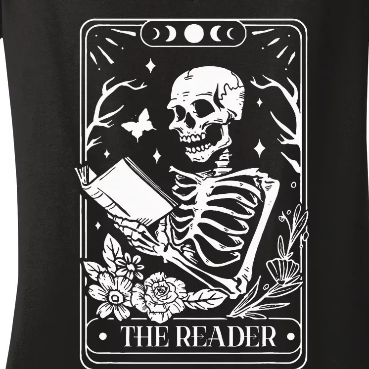 The Reader Tarot Funny Skeleton Reading Women's V-Neck T-Shirt