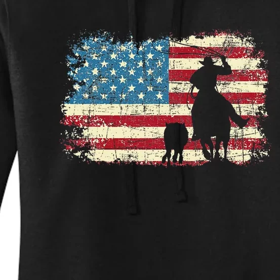 Team Roping USA Flag Cow Cow Rancher Heading Heeler Women's Pullover Hoodie