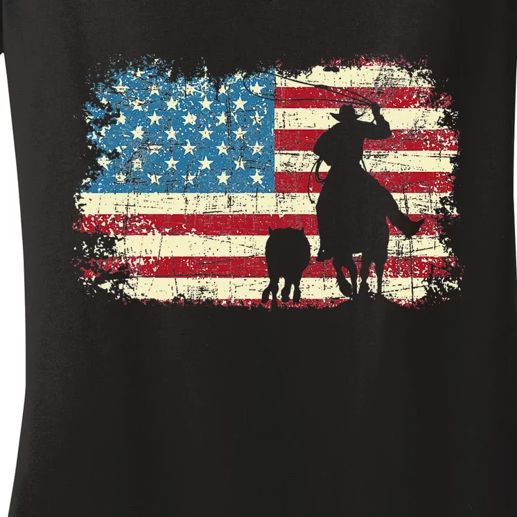 Team Roping USA Flag Cow Cow Rancher Heading Heeler Women's V-Neck T-Shirt