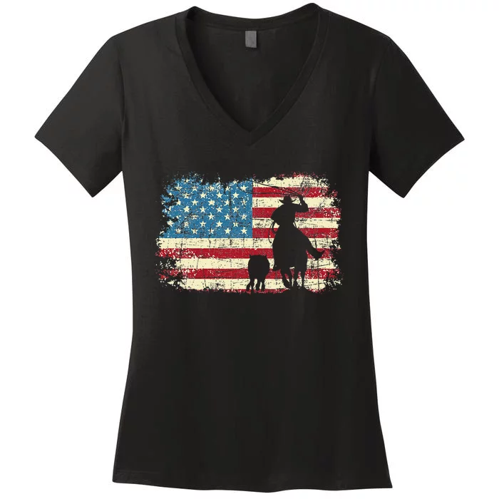 Team Roping USA Flag Cow Cow Rancher Heading Heeler Women's V-Neck T-Shirt