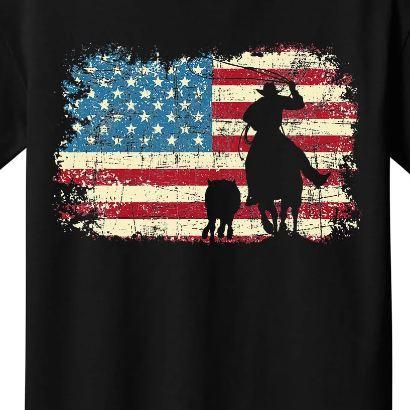 Team Roping USA Flag Cow Cow Rancher Heading Heeler Kids T-Shirt