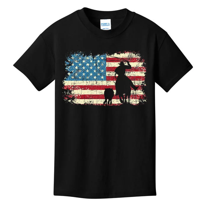 Team Roping USA Flag Cow Cow Rancher Heading Heeler Kids T-Shirt