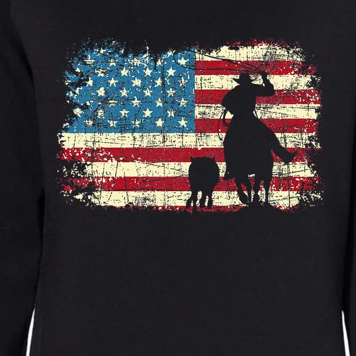 Team Roping USA Flag Cowboy Cowgirl Rancher Heading Heeler Womens California Wash Sweatshirt