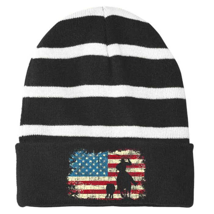 Team Roping USA Flag Cowboy Cowgirl Rancher Heading Heeler Striped Beanie with Solid Band