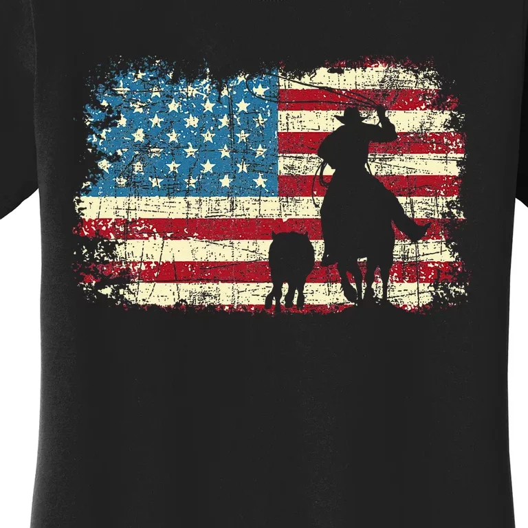 Team Roping USA Flag Cowboy Cowgirl Rancher Heading Heeler Women's T-Shirt