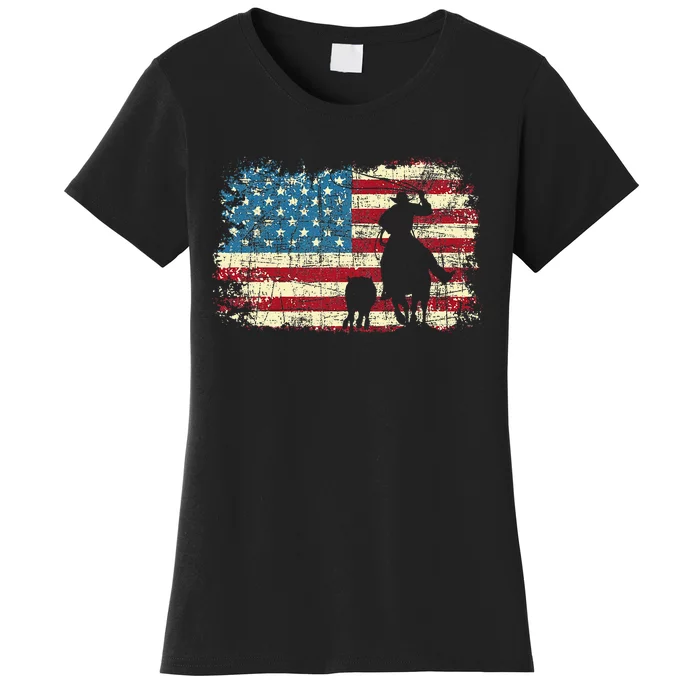 Team Roping USA Flag Cowboy Cowgirl Rancher Heading Heeler Women's T-Shirt