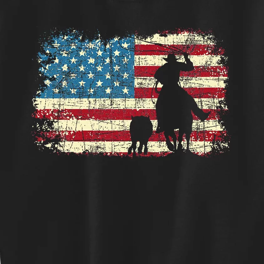 Team Roping USA Flag Cowboy Cowgirl Rancher Heading Heeler Kids Sweatshirt