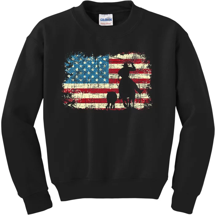 Team Roping USA Flag Cowboy Cowgirl Rancher Heading Heeler Kids Sweatshirt