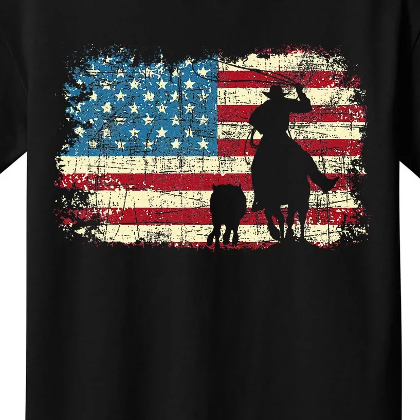 Team Roping USA Flag Cowboy Cowgirl Rancher Heading Heeler Kids T-Shirt