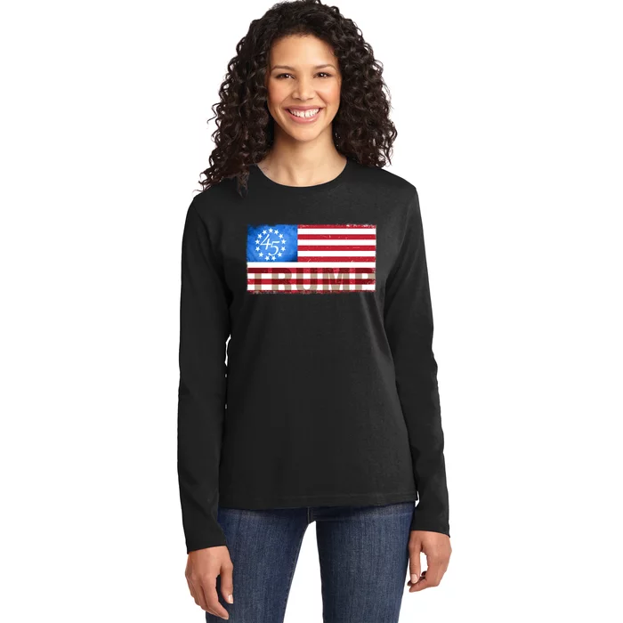 Trump 45 Betsy Ross 13 Original Colonies Flag Ladies Long Sleeve Shirt