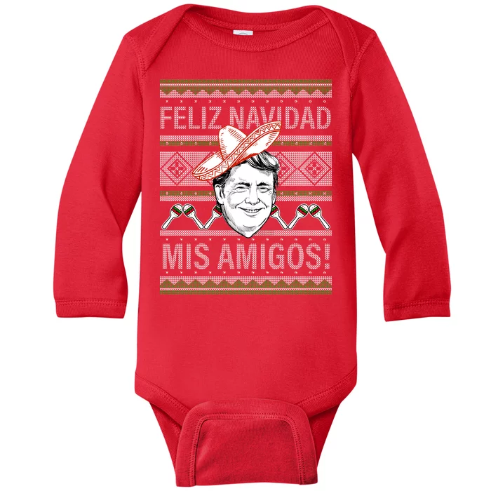 Trump Feliz Navidad Ugly Christmas Sweater Baby Long Sleeve Bodysuit