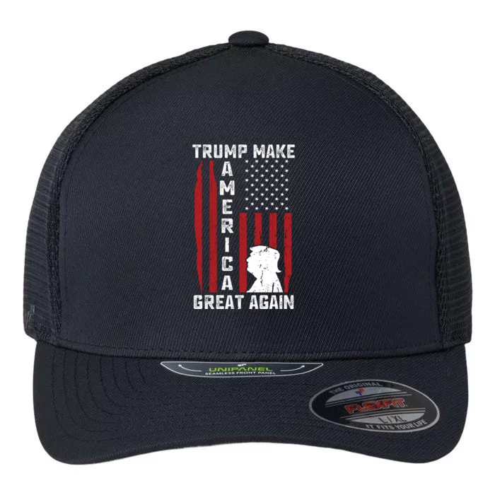 Trump Make America Great Again Distress Flag Flexfit Unipanel Trucker Cap