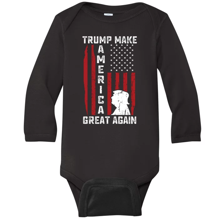 Trump Make America Great Again Distress Flag Baby Long Sleeve Bodysuit