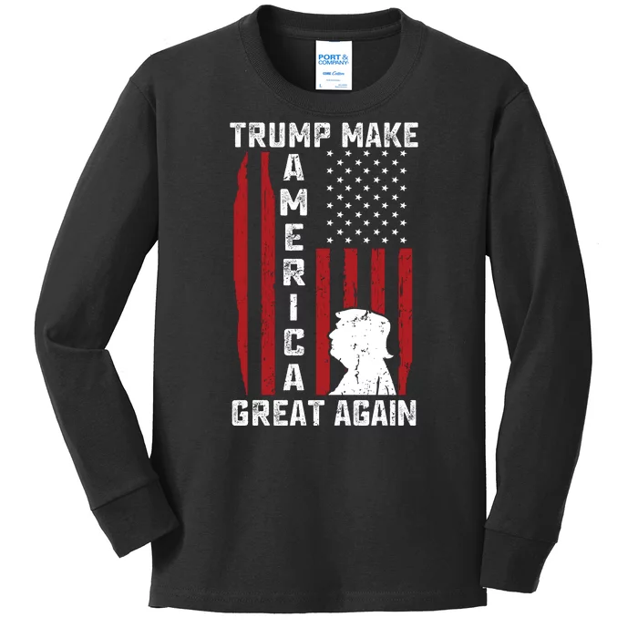 Trump Make America Great Again Distress Flag Kids Long Sleeve Shirt