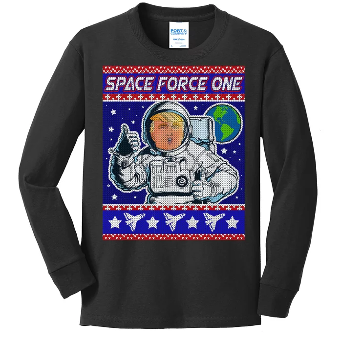 Trump Space Force One Ugly Christmas Kids Long Sleeve Shirt