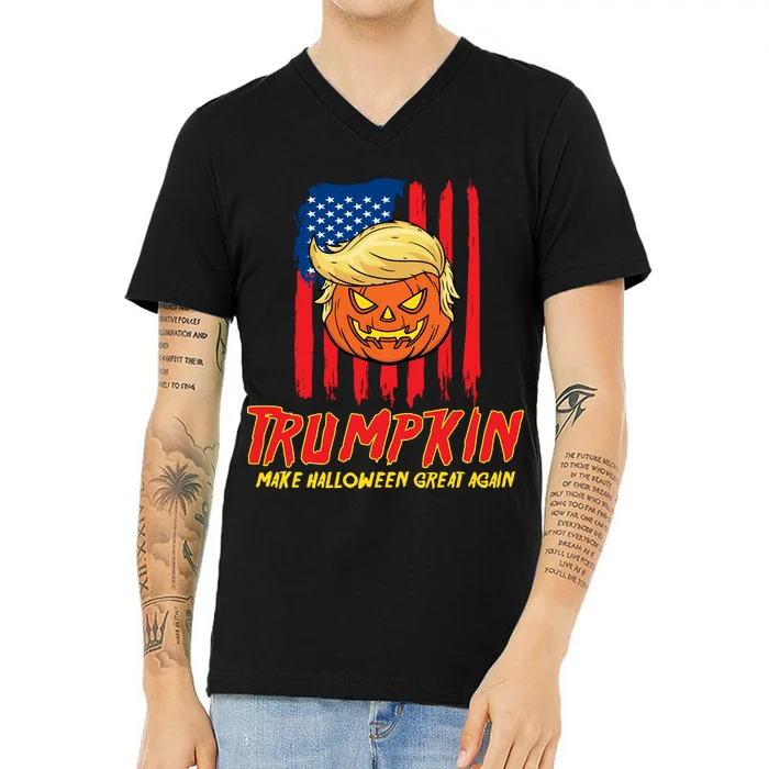 Trumpkin American Flag Make Halloween Great Again V-Neck T-Shirt