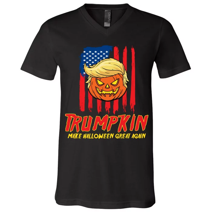 Trumpkin American Flag Make Halloween Great Again V-Neck T-Shirt