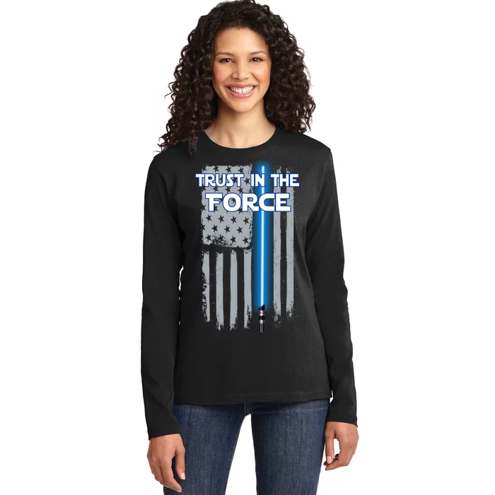 Trust In The Force American Blue Lightsaber Police Flag Ladies Long Sleeve Shirt